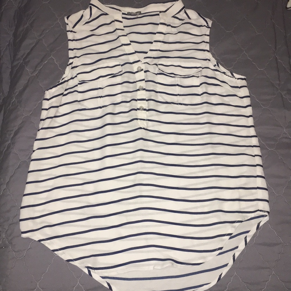 Sleeveless White Shirt with Navy Blue Strips